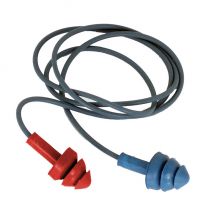 Metal Detectable Earplugs - Reusable 3 Flange with Cord - 1 Red/1 Blue Earplug - Blue Cord - SNR 19db (pack of 200 pairs)
